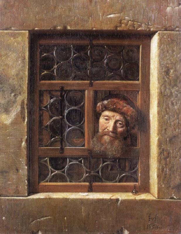 Samuel van hoogstraten Man Looking through a window oil painting image